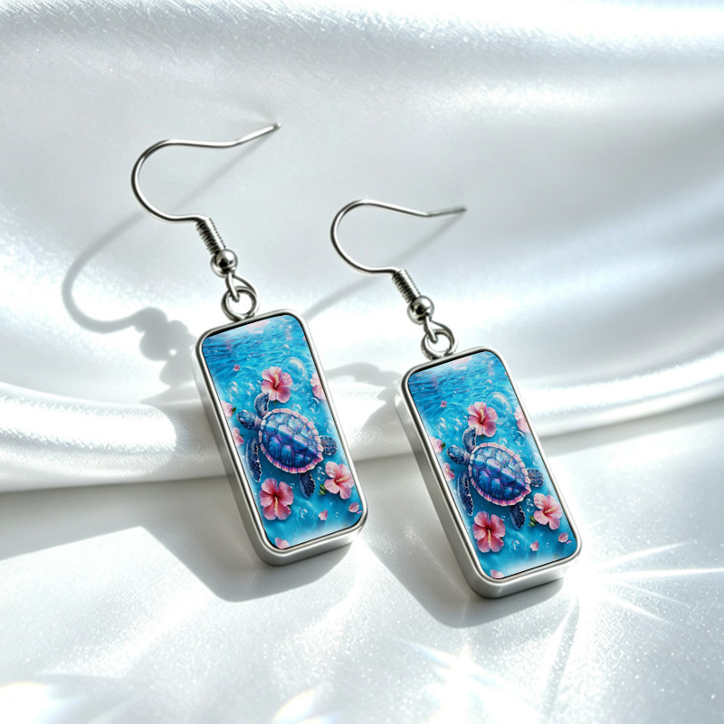 Unisex Underwater Sea Turtle Hibiscus Flower Rectangle Earrings